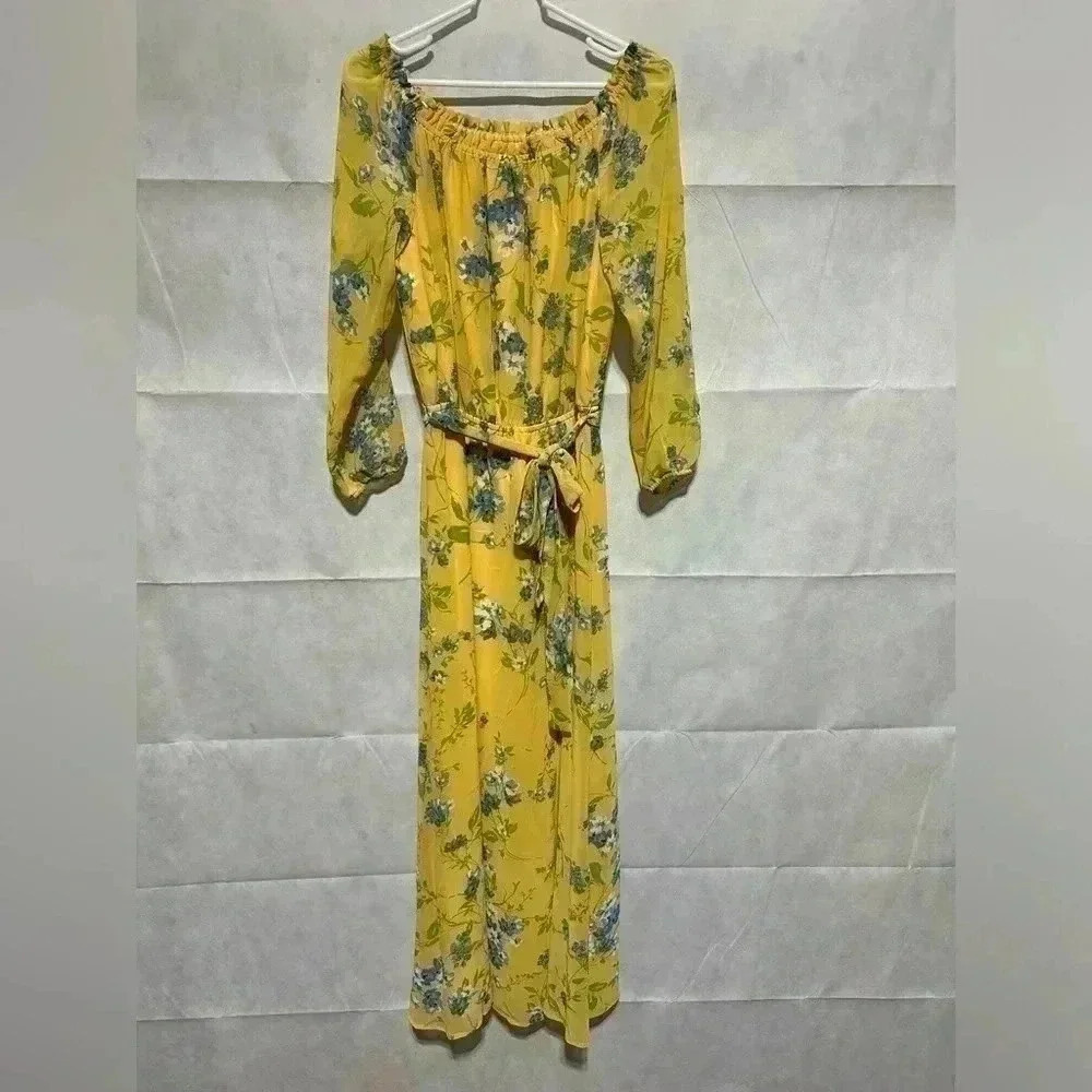 INC Womens Yellow Floral Long Special Occasion Tie Off Shoulder Maxi Dress 8
